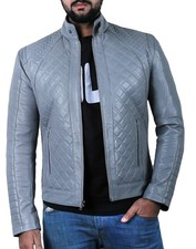 Stylish Men's Gray Leather Biker Jacket Real Lambskin Diamond Quilted Moto Coat