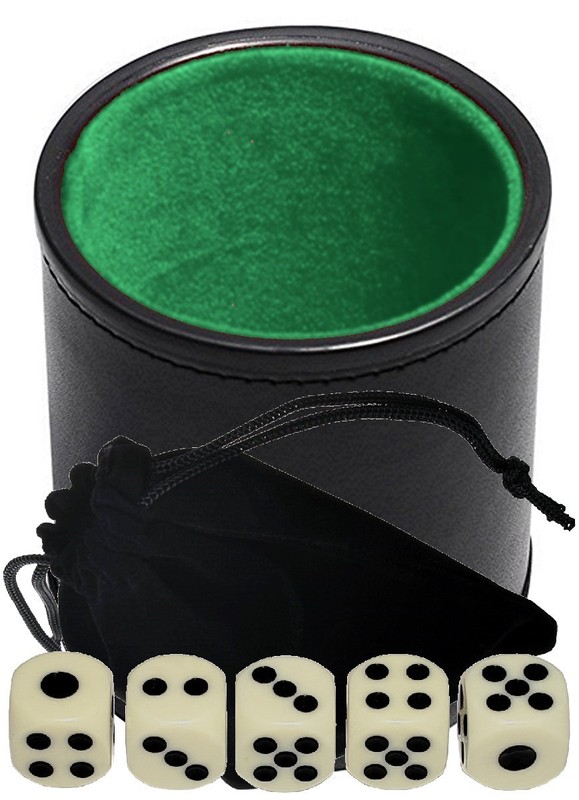 (5) 15mm Ivory Tone Pip Dice w/Storage Pouch+ PU Leather Green Felt Lined Cup