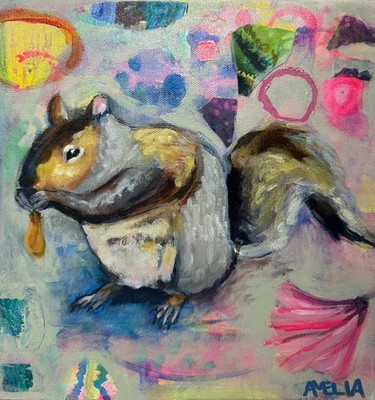 Original Art Painting OOAK Squirrel ''Helicopter Seed Fiend'' Whimsical Wall Decor
