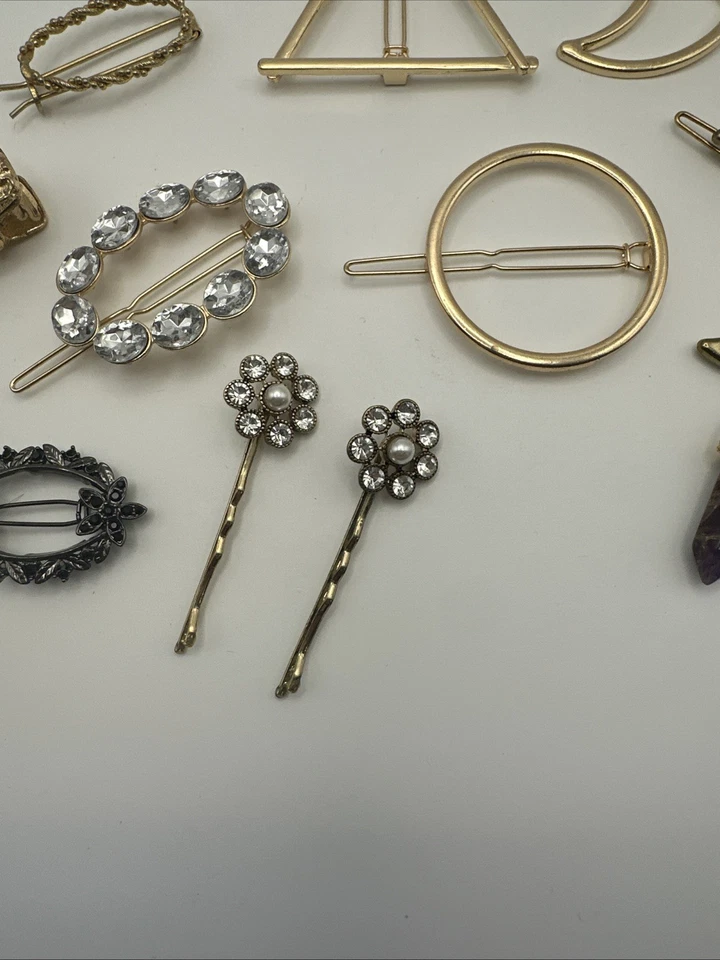 Lot Barrettes Geometric Silver & Gold Tone Rhinestone Crystal Moon Vintage - Image 4 of 4