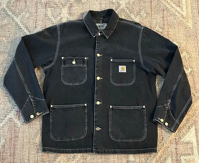 Carhartt WIP Loose Fit OG Chore Coat Black Heavy Stone Wash Denim Size Medium