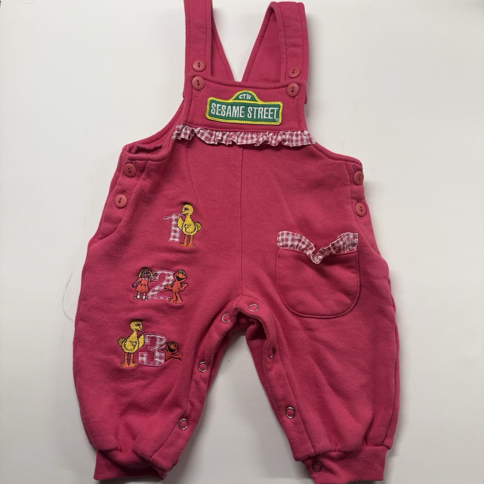 Vintage Sesame Street Elmo Big Bird 123 Pink Overalls Y2K 12 Months Ruffle