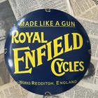 VINTAGE ROYAL ENFIELD CYCLES 12 INCH CONVEX PORCELAIN ENAMEL SIGN