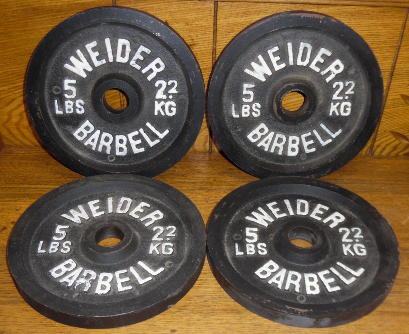 (4) 5 lb 2.2 kg Weider Barbell Weight Plates - 7 3/8" Diameter 1" Diameter Hole