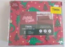 New twin sheet set Dinosaur pattern T-Rex Snowflakes Holiday Dreams" 3pc Red-