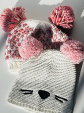 Children  s Place Girls Winter Knit Hat Pom Poms Coral White Kids Kitten Har Lot