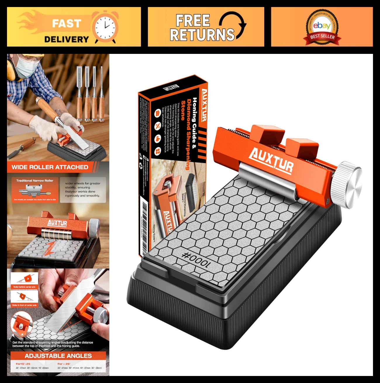 Complete Sharpening Stone Set with Honing Guide for Woodworking Tools, Chisel &