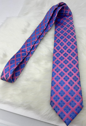 Saks Fifth Avenue Necktie Pink Blue Geometric Diamond Mens Tie Classic