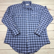 Vintage Rockmount Ranch Wear Flannel Blue Shirt Diamond Snap Western Cowboy L
