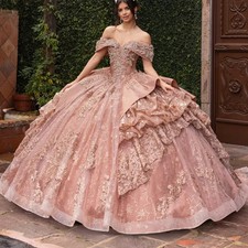 Shiny Quinceanera Dresses Ball Gown Off Shoulder Applique Lace Beading Crystal