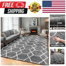 5x7 Area Rugs for Living Room Bedroom, Washable Fluffy Grey and White Faux Fu...