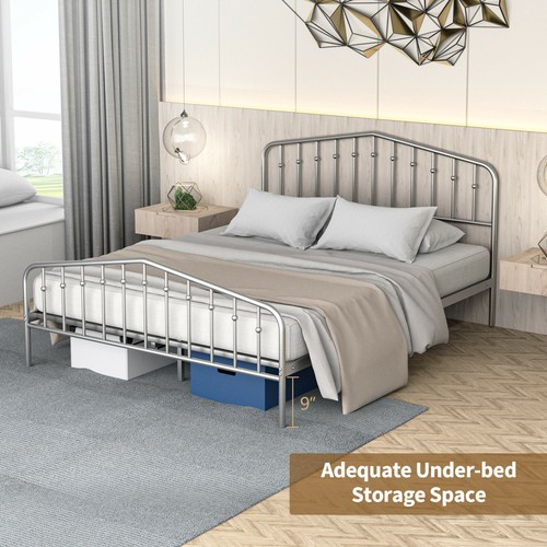 Queen Size Metal Bed Frame Platform Headboard & Footboard W/Storage Sliver - Picture 7 of 9