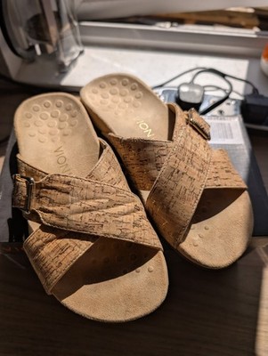 Vionic Rest Dorie 341 Gold Kork Damen Pantoletten Größe 4 Sandalen gepolstert Beachy