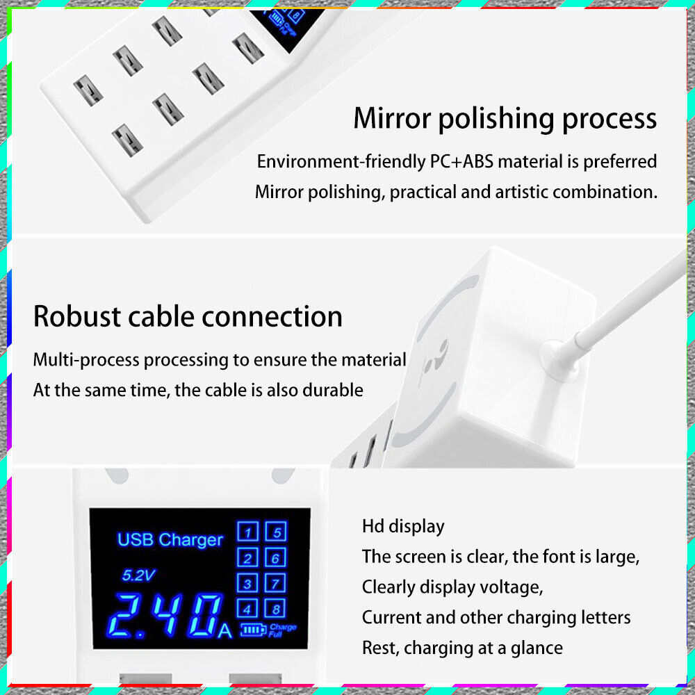 8-Port USB Hub with AC Adapter & Non-Slip Desktop Charging Station