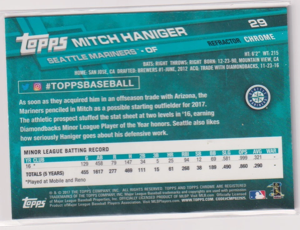 Mitch Haniger 2017 Topps Chrome Pink Refractor #29 RC Mariners - Image 2 of 2