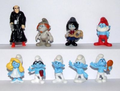 KINDER SURPRISE SET SMURFS PITUFOS PUFFI FERRERO 9x FIGURES CAKE TOPPERS +PAPERS