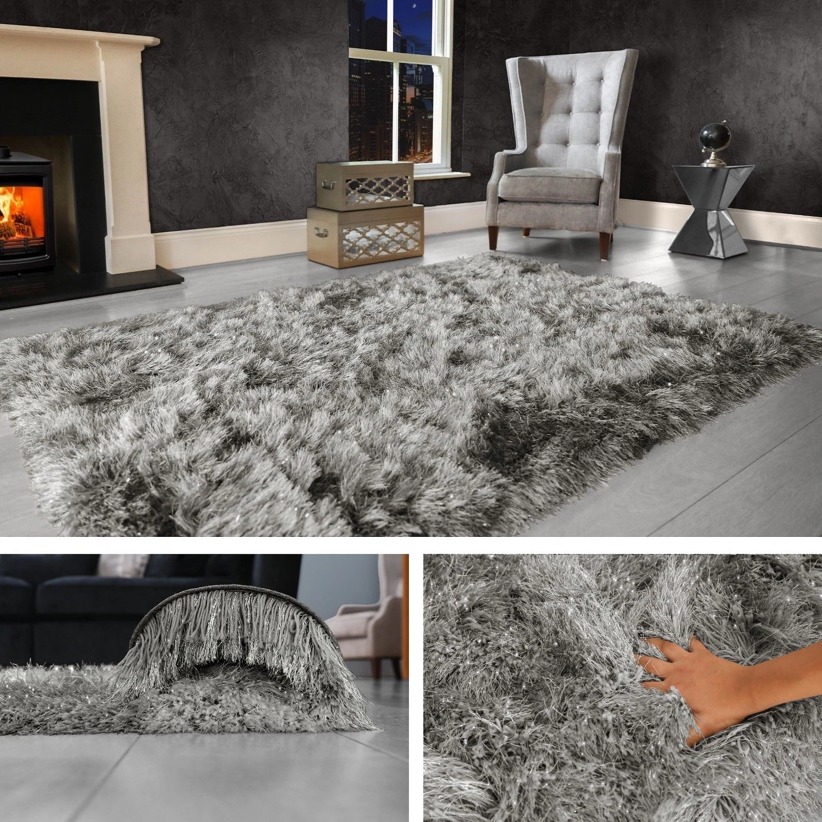Dark Grey Large SHAGGY Floor RUG Soft SPARKLE Shimmer Extra Thick 9cm Pile