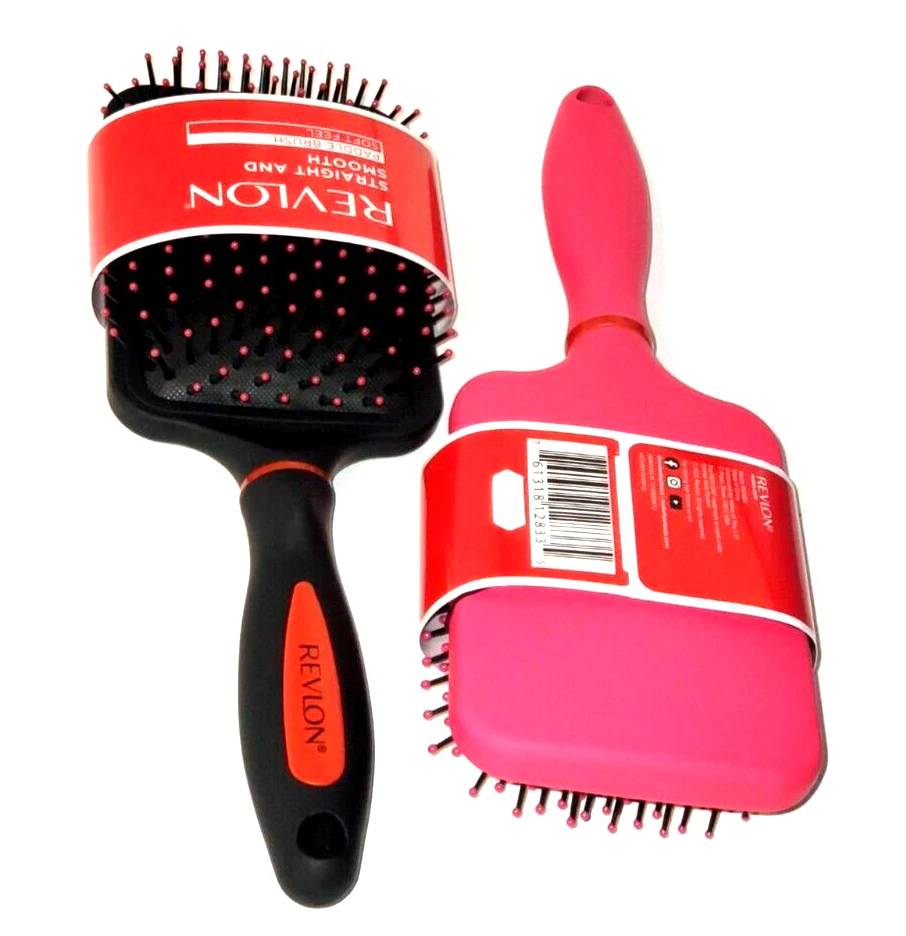 Revlon Straight & Smooth Soft Touch Paddle Hair Brush Set, Black + Pink |  eBay