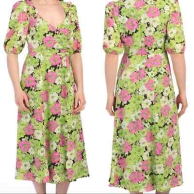 WAYF Surplice Neck Green floral midi dress New | eBay