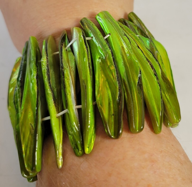 Green Glass Long Rectangular Stick Bead Stretch B… - image 6