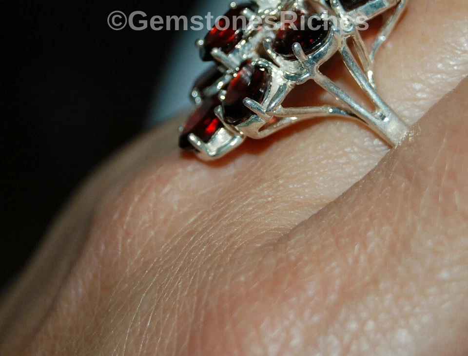 Anillo de plata de ley 925 granate piedras preciosas banda de flores cóctel talla 9 Foto 3 de 4