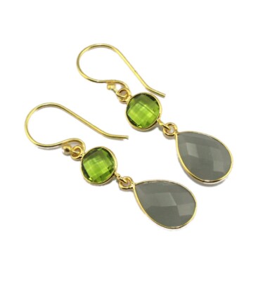Pear Round Multi-Color Hydro Quartz Chalcedony Gold Plated Handmade Earring