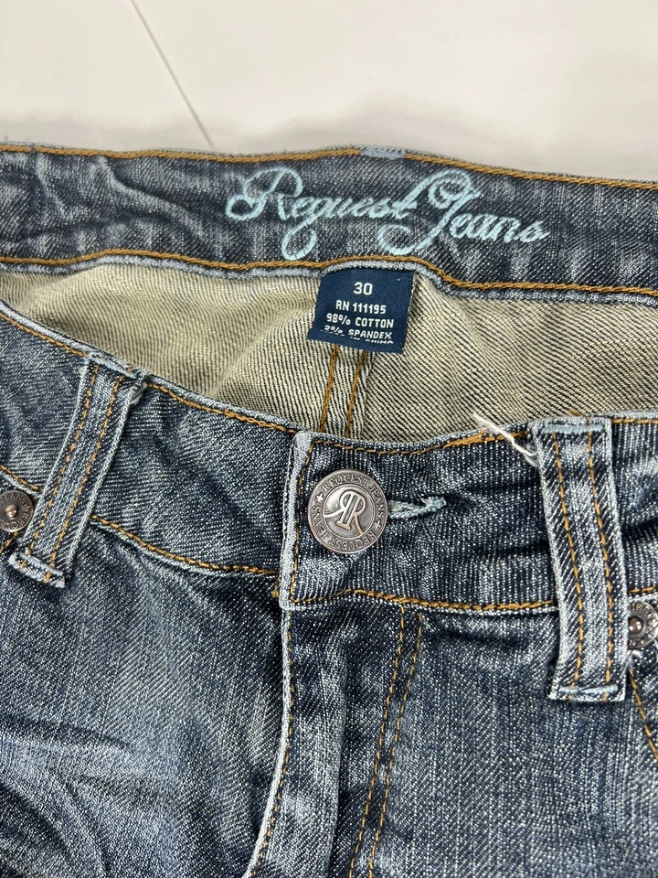 Pantalones de mezclilla REQUEST rectos elásticos tiro bajo para mujer Y2K bordados mangas indie Foto 4 de 4