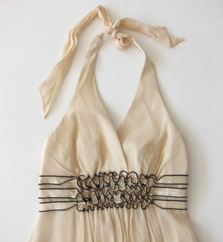 BCBG Maxazria 100% Silk Ivory Black Ruffle Empire Waist Halter Jumper Dress 2P - Picture 3 of 10