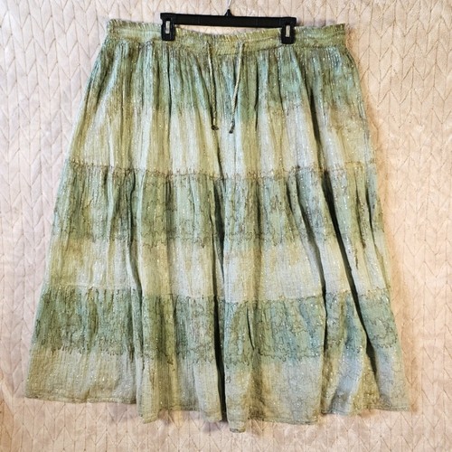 Vintage Lotus Baumwolle Stufenrock Damen 1X Metallic Lametta Grün Natur Feenkern