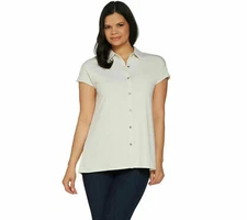 New H by Halston XL Jet Set Jersey Extended Shoulder Collar Tunic Stone QVC 2976