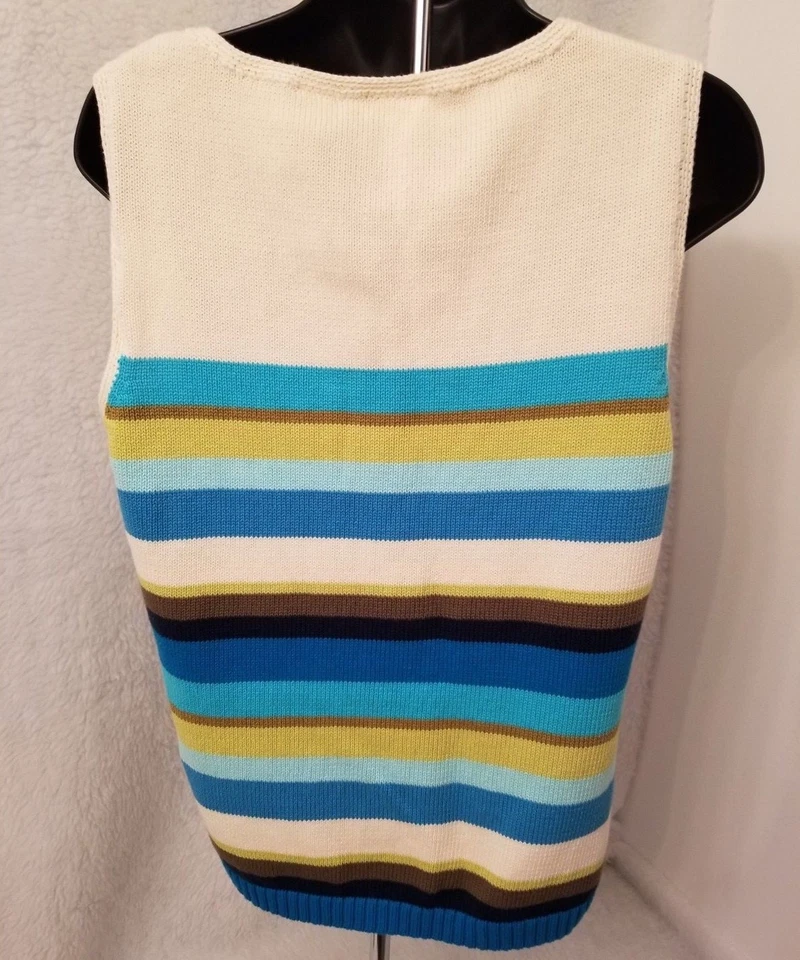 Camisa Suéter Top Liz Claiborne Mujer Talla M Mediana Beige Verde Azul Rayas Foto 3 de 3