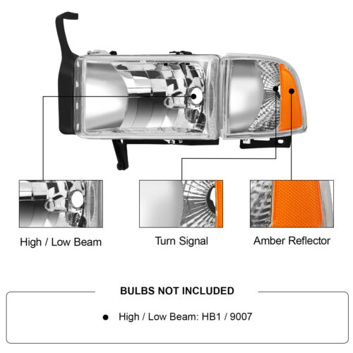 Headlights For 1994-2002 Dodge Ram 1500 2500 3500 Chrome Housing Headlamps Pair - Picture 3 of 9