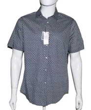 Club Room Mens Geometric  Short-Sleeve Button-Up Shirt Stretch Navy Blue Med New