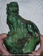 6.4" Chinese Green Jade Craving Wealth Fengshui 12 Zodiac Year Tiger Sculpture