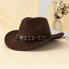 Brown Cowboy & Cowgirl Hat – Wide Brim, Brown Bead Strap, Retro Western Look