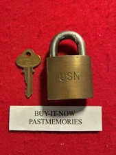 "USN NAVY" CORBIN BRASS PADLOCK w/ KEY, OLD ANTIQUE LOCK, VINTAGE LOCKS