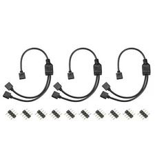 RGB LED Light Connector 4 Pin 2 Way Splitter Cable Black 3Pcs with 9Pcs Plugs