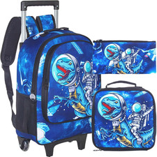 3PCS Rolling Backpack for Boys, Kids Dinosaur Wheeled Bookbag Travel Roller Scho