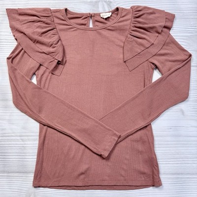 Hem & Thread Ribbed Ruffle Shoulder Top Women s M Blush Pink Long Sleeve