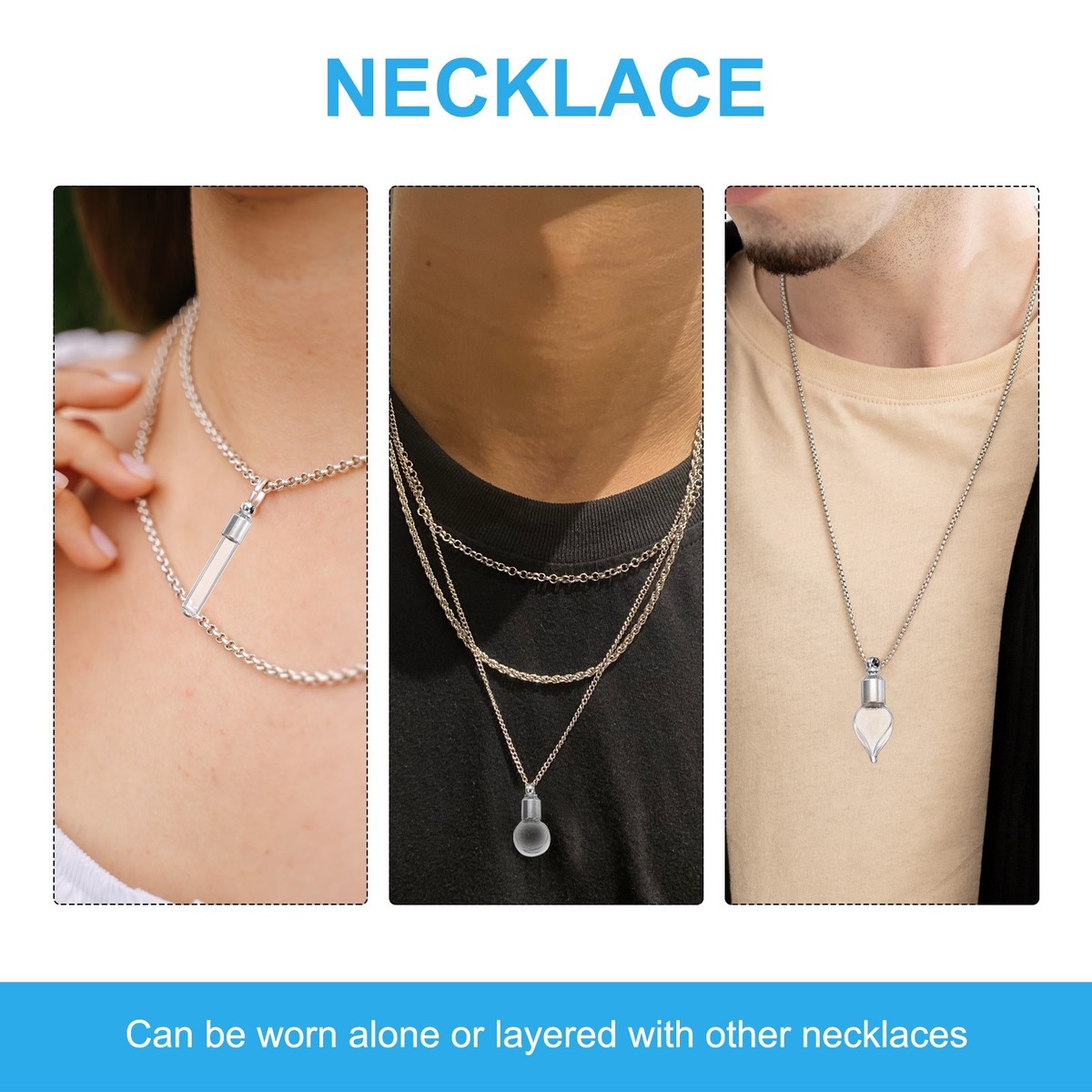 Vial Necklace, 2Pcs Cylinder Glass Container Necklace, Silver Tone
