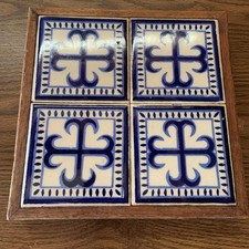 Mexican Ceramic 4 Tile Trivet Tray Blue SEASA Cross Wood Frame Vintage READ