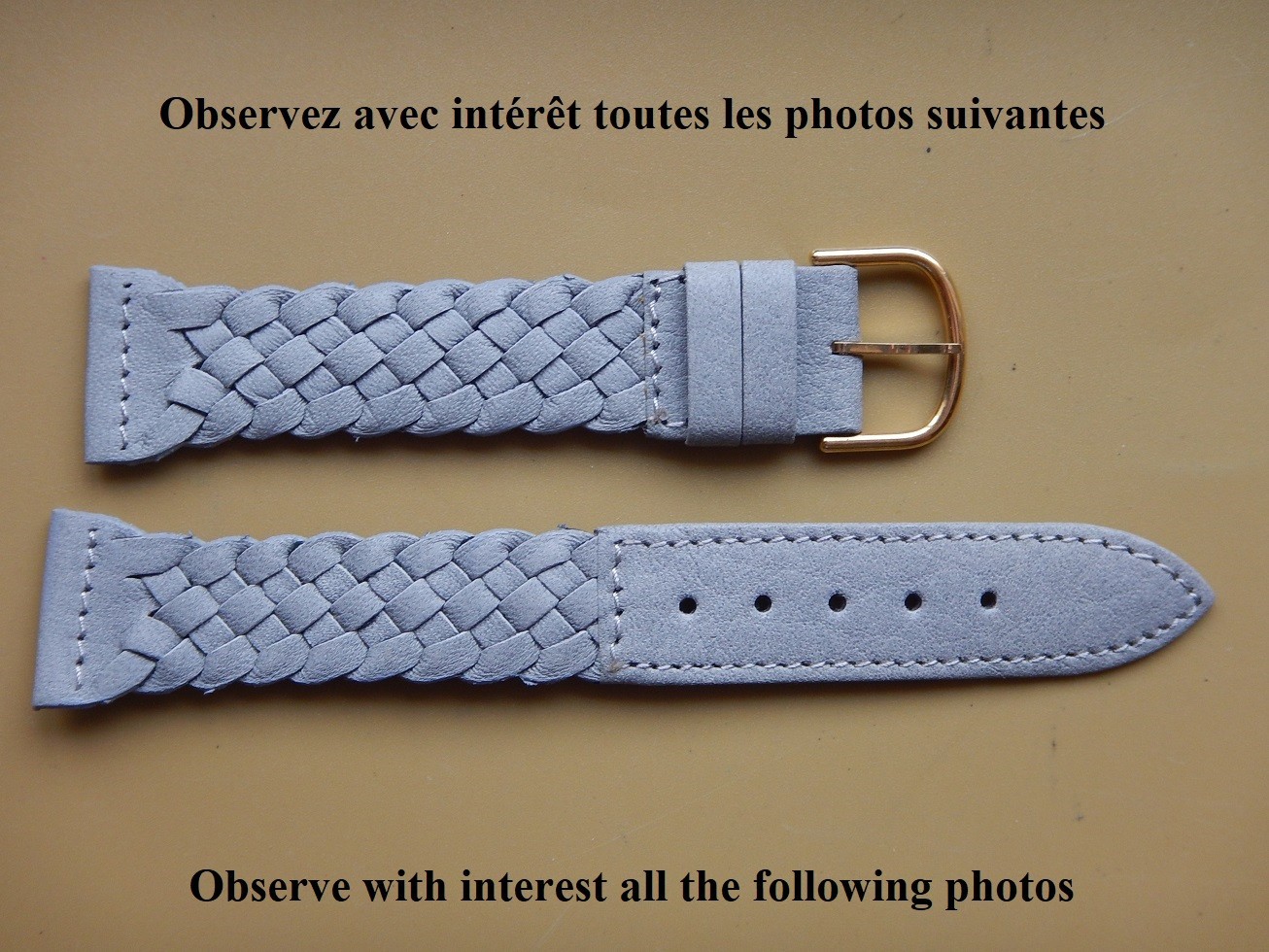 Bracelet montre tressé 17mm cuir gris clair fait main avec boucle 14mm interchangeable