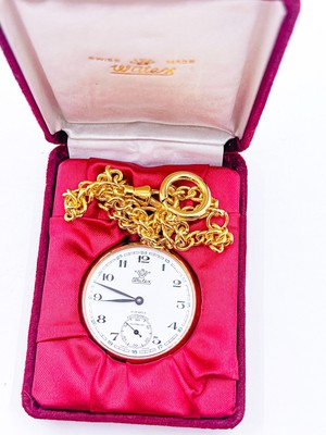 Watex 17 Jewels Gold Plated Pocket Watch Antimagnetic incabloc Box Chain