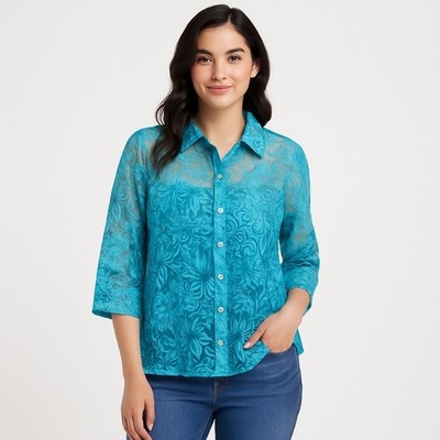 NWT West End Sheer Burnout Blouse Size Medium Caribbean Teal - W80