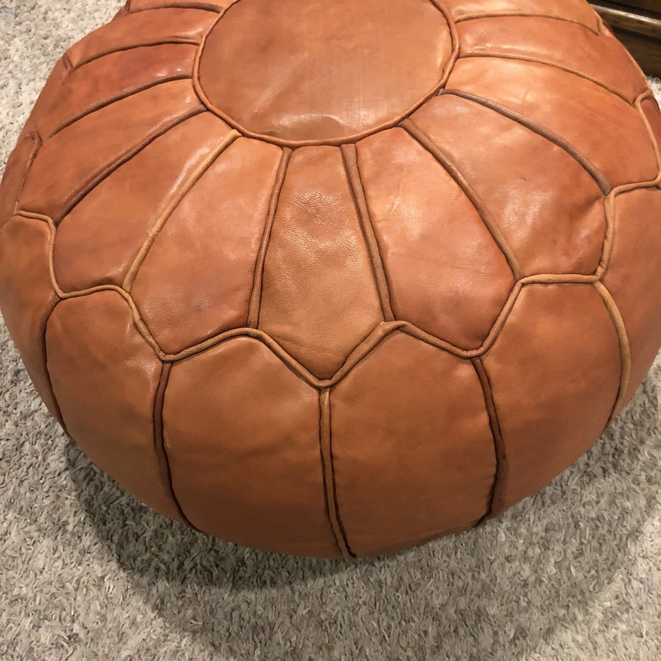 Moroccan Leather Pouf Ottoman 19" BOHO Footstool MCM Mod - Image 2 of 4
