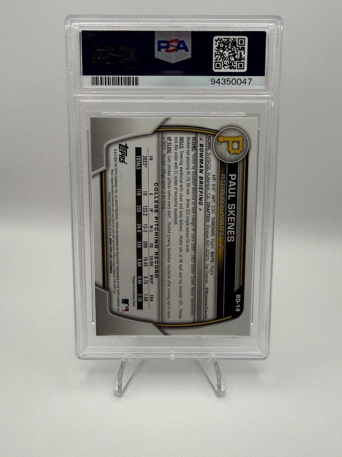 Topps 2023 Bowman Draft Paul Skenes #BD-14 1st Bowman RC PSA 10 Pirates view 2