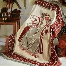 Vtg NEW Crown Crafts Throw Blanket Tapestry Fringe St. Nick Christmas USA 48x60