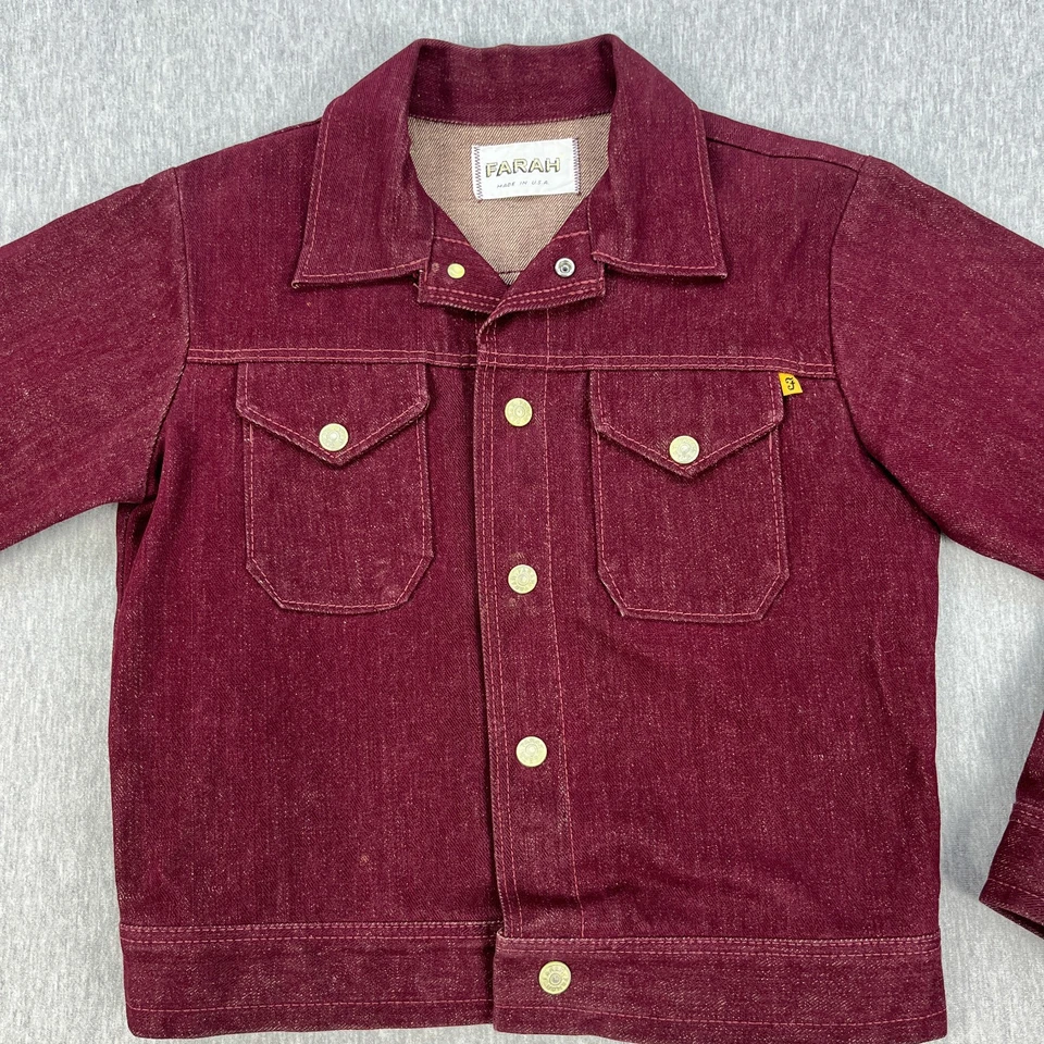 Chaqueta de Camionero Vaquera Farah De Colección XS (Estimación) Borgoña A Presión Hecha en EE. UU. Años 60 Foto 3 de 4