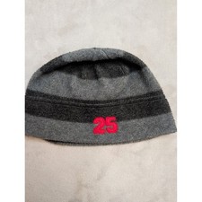 Old Navy Fleece Beanie Hat Gray Black Stripe Red 25 Logo Winter OSFA