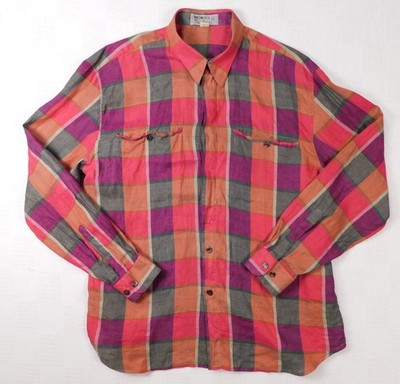 MONDO di Marco Men's  XL Big 100% Linen Check Print Italy Button Up Shirt Bright